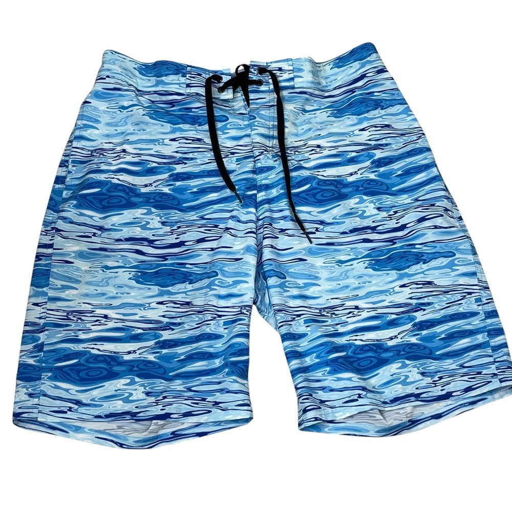 Hreski Mens Blue Water Ripple Print Board Shorts Sz 38 XL Swim Trunks Mesh Liner